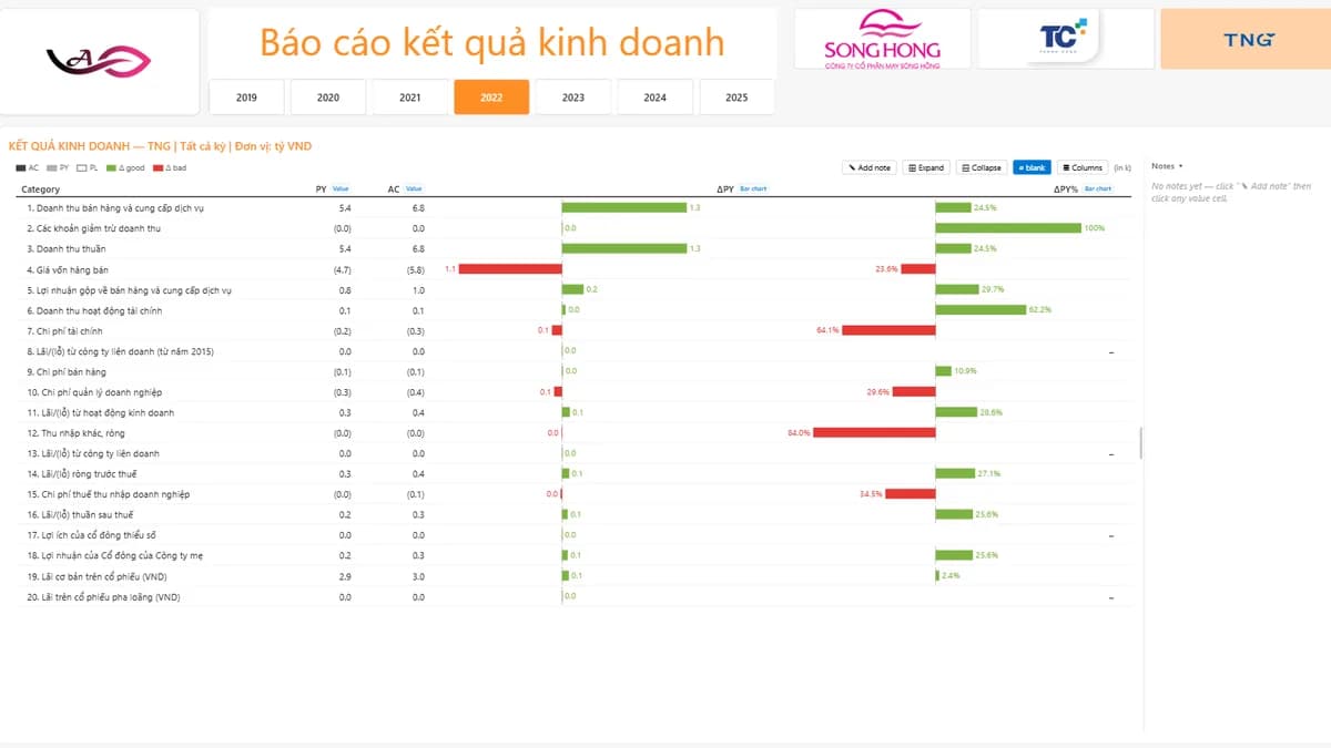 Income statement — Dashboard Phân tích Tài chính & Đầu tư — Dệt may