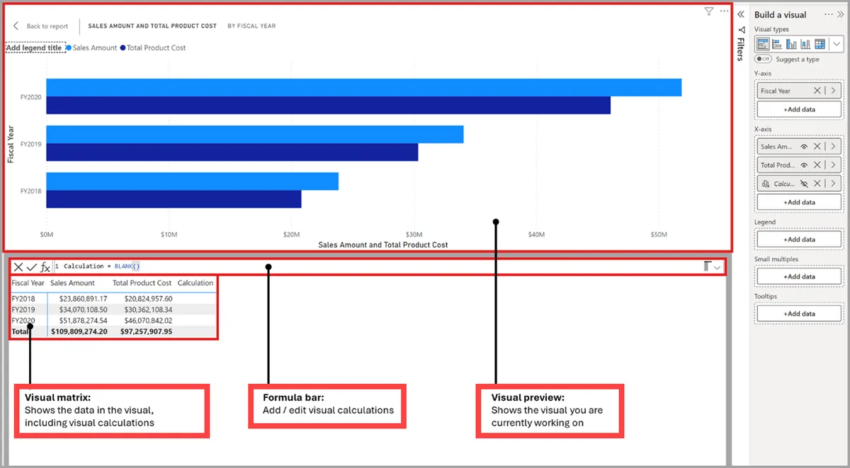 Giao diện Visual Calculations editor với formula bar và visual matrix