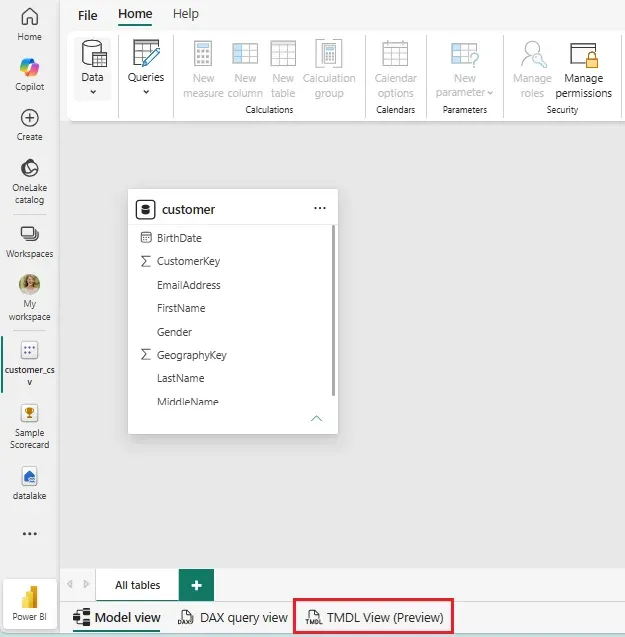 Tab TMDL View trong Power BI Service, bên cạnh Model view và DAX query view khi sửa semantic model trên web